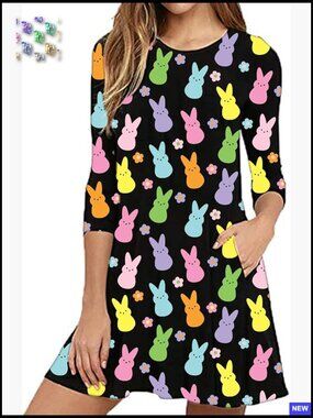 Easter Bunny Tunic Dress Long Sleeve Casual Holiday Party Wear A-Line Fit